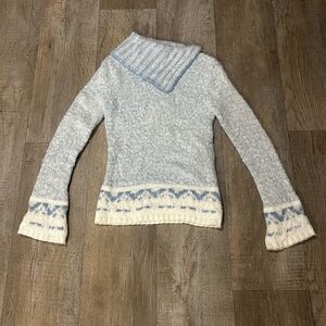 Blue and White Sweater with Asymmetrical Neckline Cozy Winter Fairy
